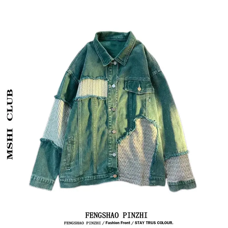 2023 new arrival summer pink casual denim strap pants women s set korean retro simple sweet age reducing Arrival Green Patchwork Men Women Unisex Denim Jean Jacket Coat Bomber Shirt Casual Couple Retro Vintage Streetwear Autumn 2022