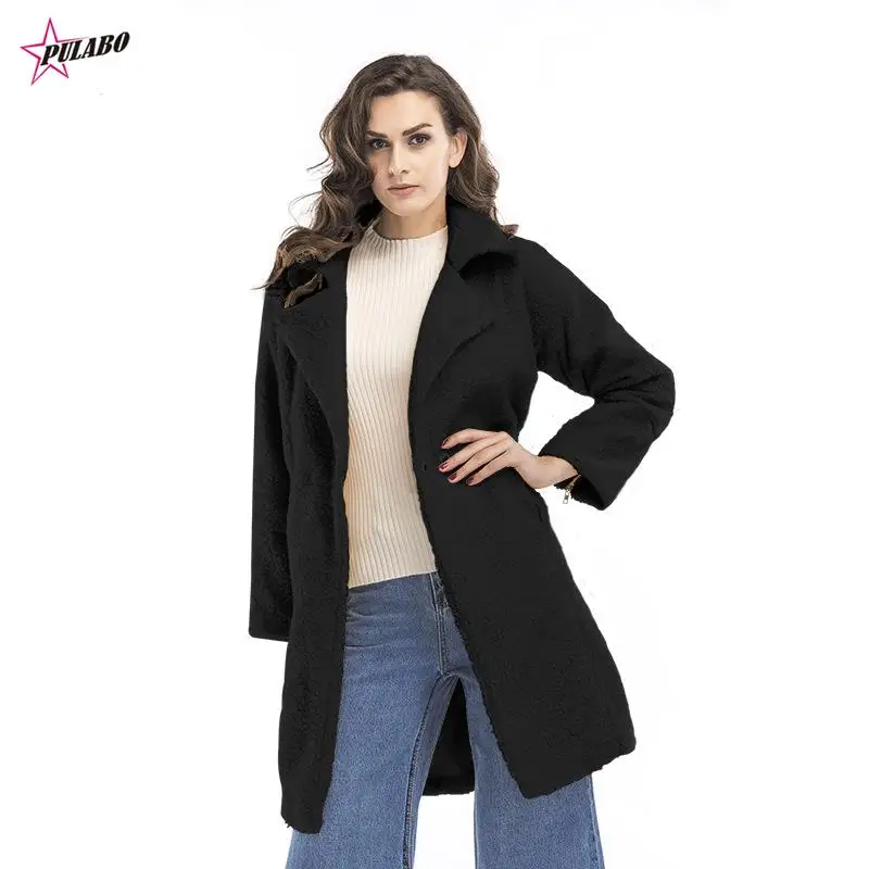 

Casual Women Woolen Teddy Long Coat Womens PULABO Winter Spring Solid Color Loose Female Thicking Wool Blends Jacket