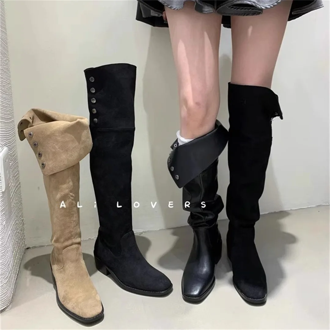 

Winter Boots Lady Shoes Sexy Thigh High Heels High Sexy 2023 Med Autumn Cowboy Over-the-Knee Rubber Leather Retro Buckle Strap M