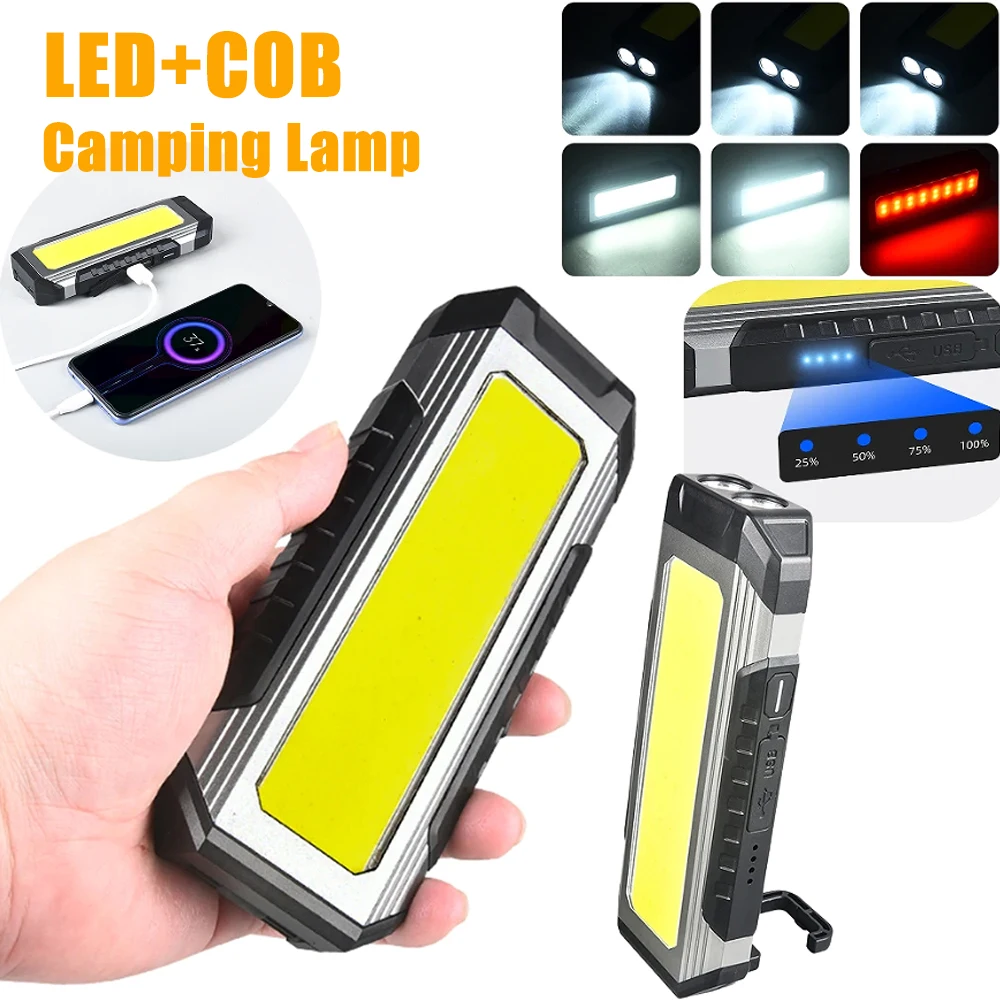COB Work Light USB Rechargeable LED Flashlight Power Bank 18650 4000mAh Portable Camping Lamp with Magnet Waterproof Lantern