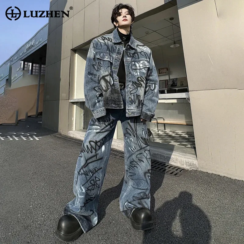 

LUZHEN 2024 Весенняя новая Раскрашенная буквой Джинсовый комплект из двух частей Мужская Уличная мода Корейская куртка свободные прямые джинсы LZ3264