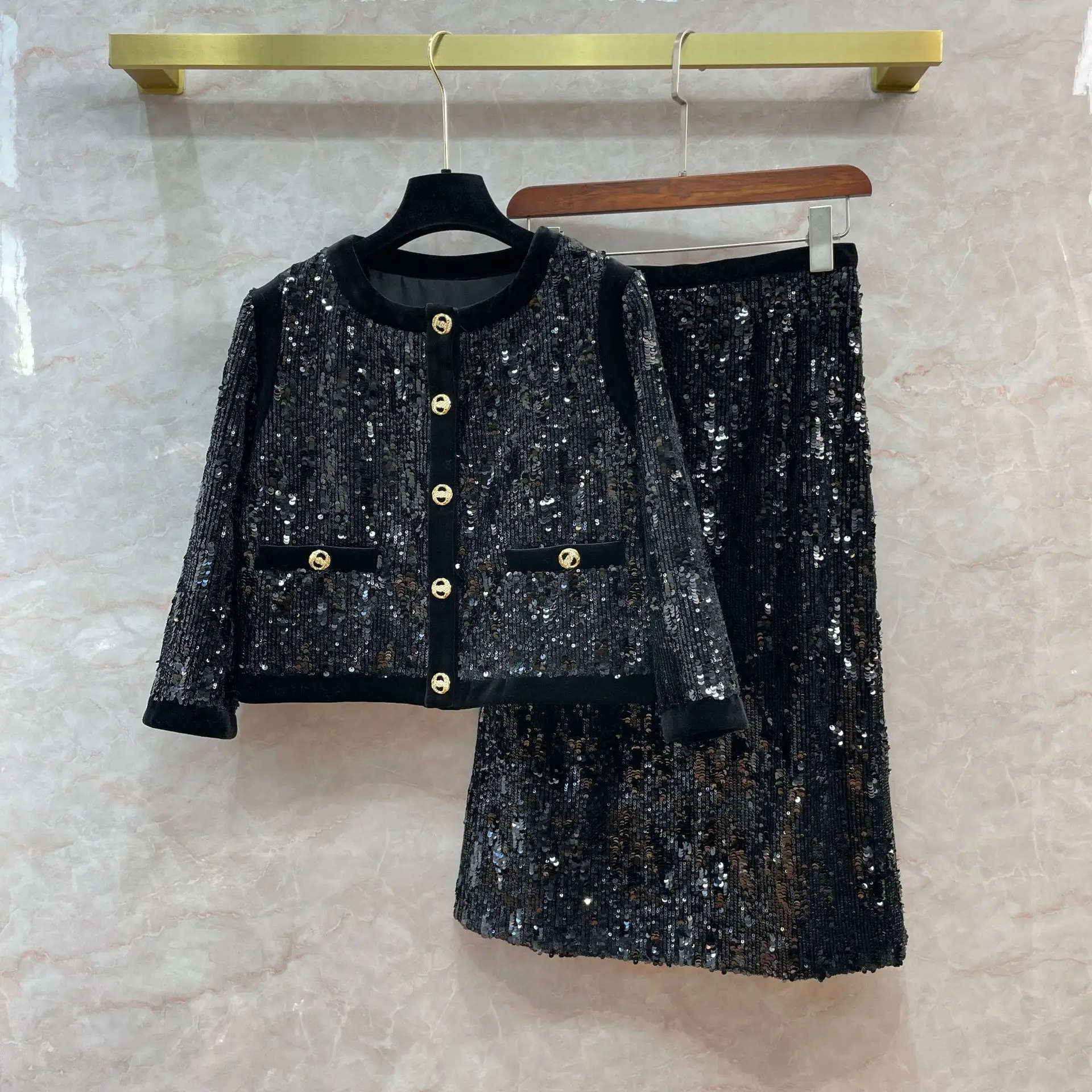 2023 Autumn Chic Women's High Quality Sequins Jackets Short Coat + Elegant Black Skirt F288