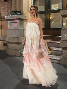 Chic Lace Patchwork Layered Sling Dress Women Sleeveless A-line Long Dresses Female Sweet Elegant Summer Party Lady Vestidos 1