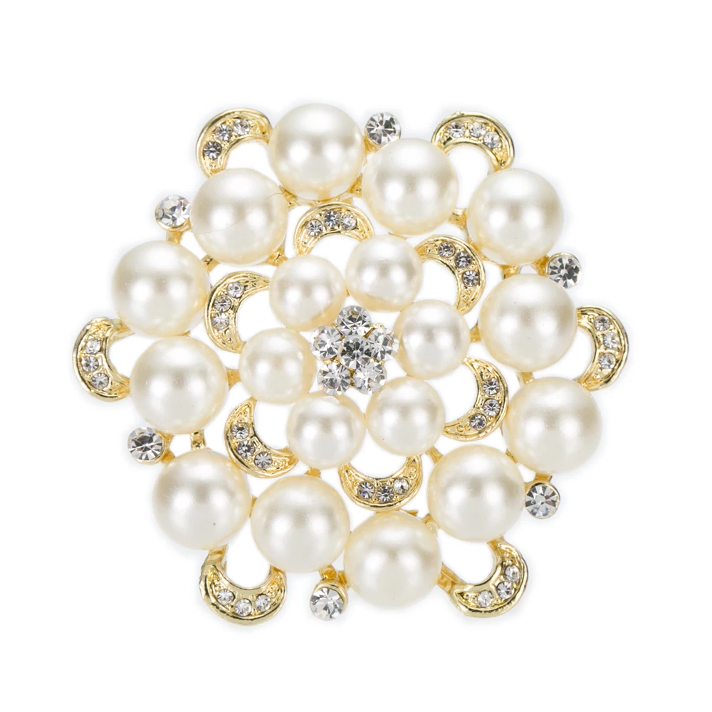 

2.4" Gold Color Faux Ivor Pearl and Rhinestone Crystal Zinc Alloy Jewelry Party Brooch Wedding Bouquet Pins