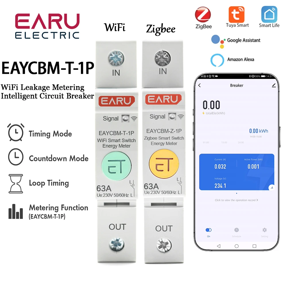 Tuya Zigbee-disjuntor Inteligente com Wi-fi Vazamento e Proteção de Tensão Medição de Vazamento Eayal t 1p Kwh Interruptor do Relé do Tempo