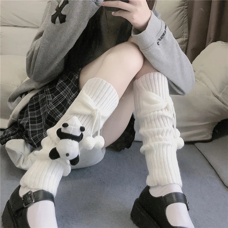 

Women Twist Cable Knitted Leg Warmers Socks Japanese 3D Panda for Doll Hair Ball Bowknot Foot Cover
