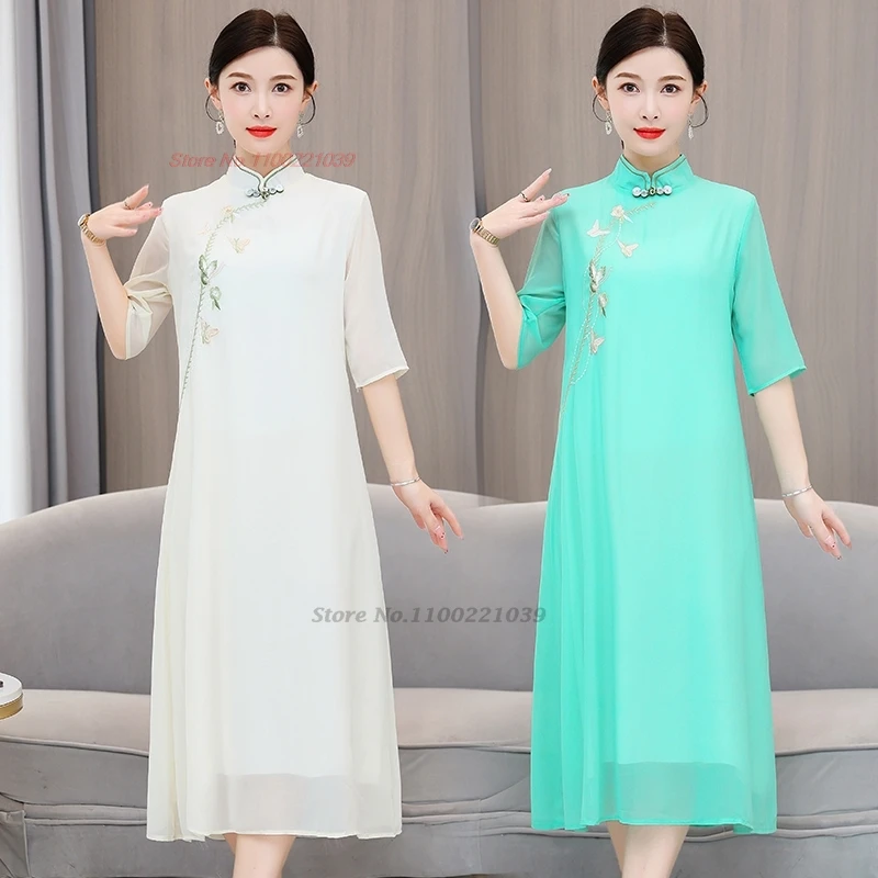 

2024 chinese traditional dress improved chiffon qipao national flower embroidery cheongsam dress oriental wedding party dress