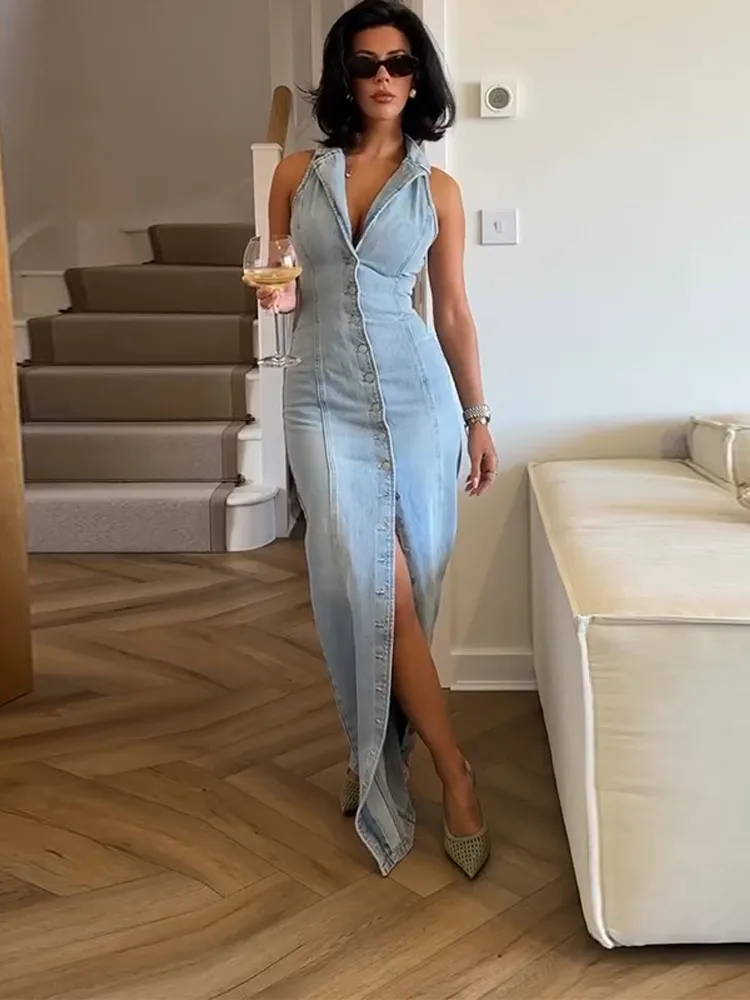 Summer New Women's Sleeveless Denim Lapel Maxi Dresses With