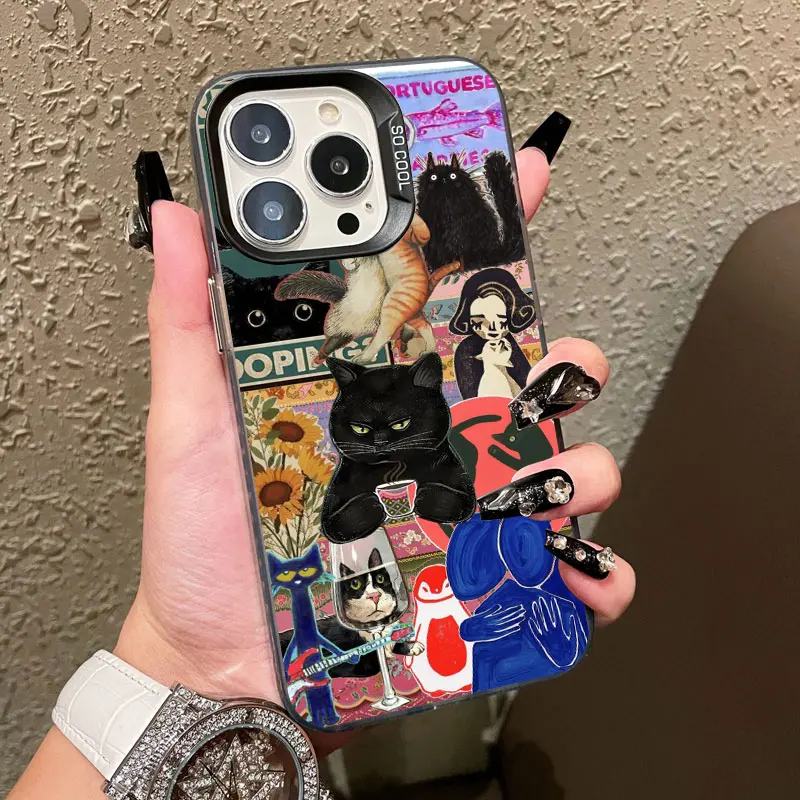 Neue Niedliche Schwarze Katze Grafik-Montage Laser-Handyhülle für iPhone 14 13 12 Mini 11 Pro Max 17 15 16 Pro Max Plus Stoßfeste Schutzhülle – Detail 4