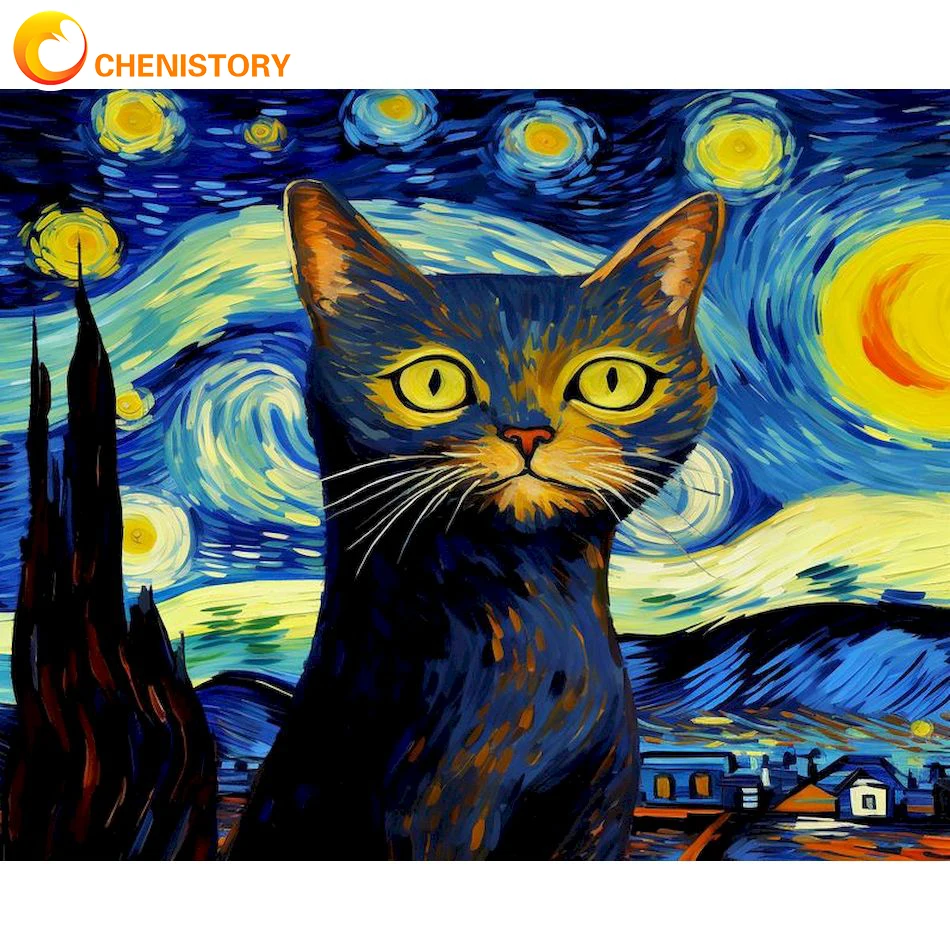 

CHENISTORY DIY 5D Diamond Painting Full Round Starry Sky Cat Mosaic Animal Landscape Diamond Embroidery Picture For Home Decor