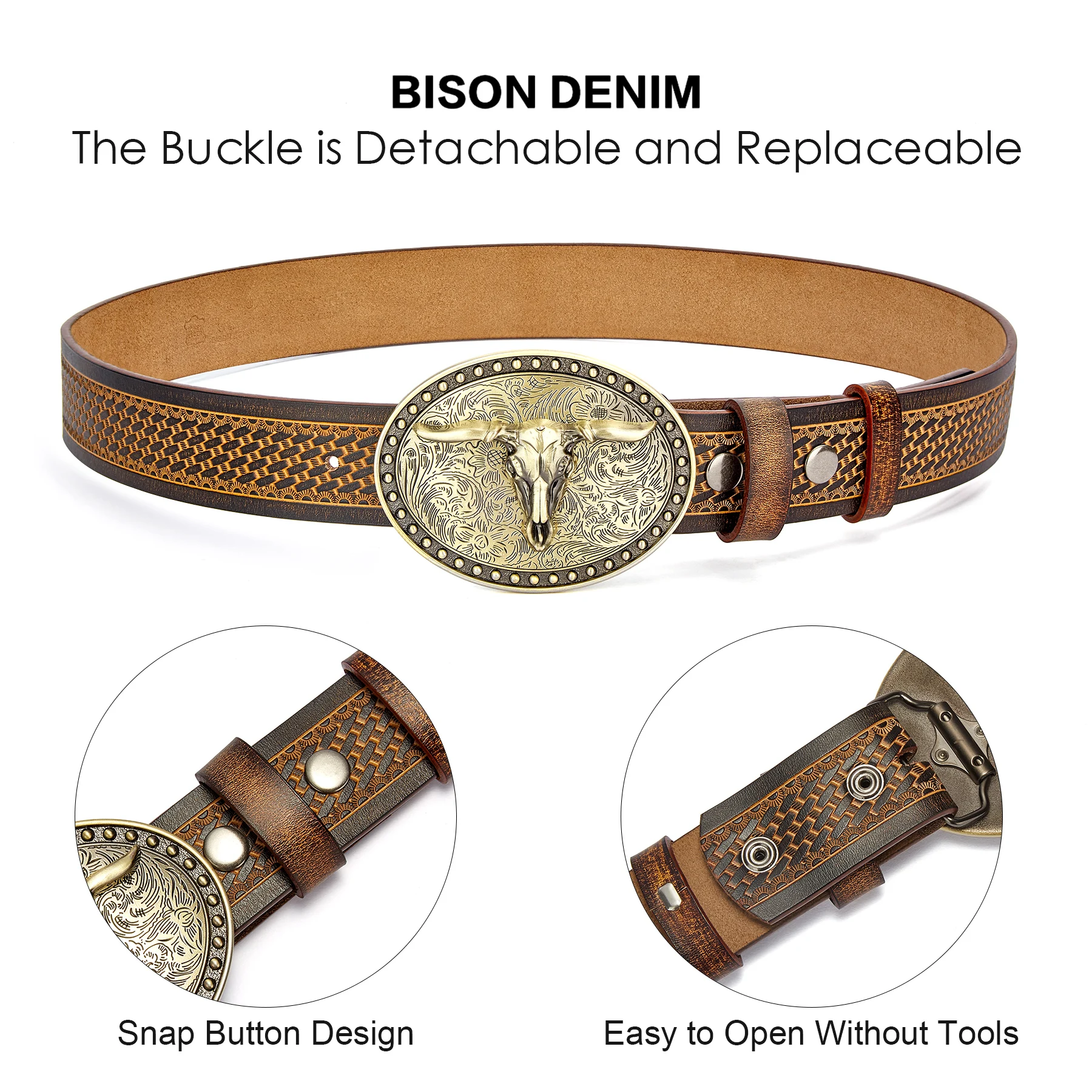 Genuine Leather Vintage Men's Belts with Golden Western Cowboy