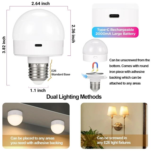 Nooknova Rechargeable Light Bulbs Remote Control Battery Operated Light Bulb with Timer, Dimmable, 3 Color Temperatures 2
