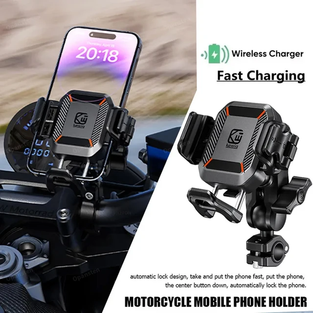 Shockproof Motorcycle Phone Holder 15W Wireless Charger & 36W USB C Fast Charging Motorbike Bicycle Bike Scooter Phone Stand