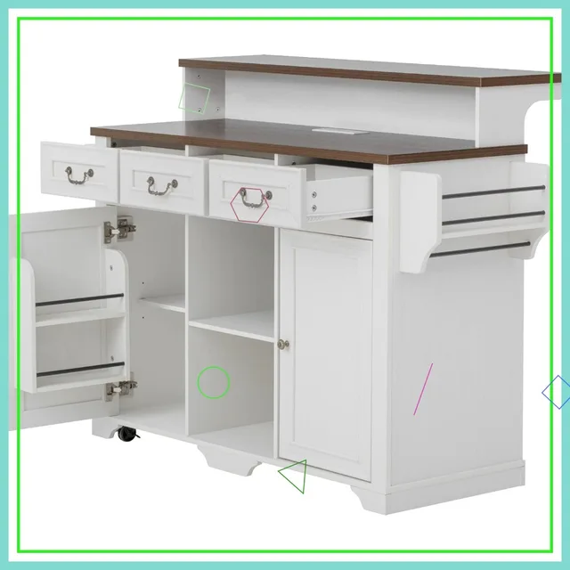 Rolling Kitchen Island with Power Outlets, 3 Drawers & 4 Door Shelves, Mobile Cart for Dining Room & Kitchen, White