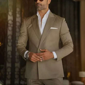 Khaki Elegant Men Suits Flat Front Double Breasted Peak Lapel Slim Fit 2 Piece Jacket Pants Office Wedding Costume Homme Blazer 1