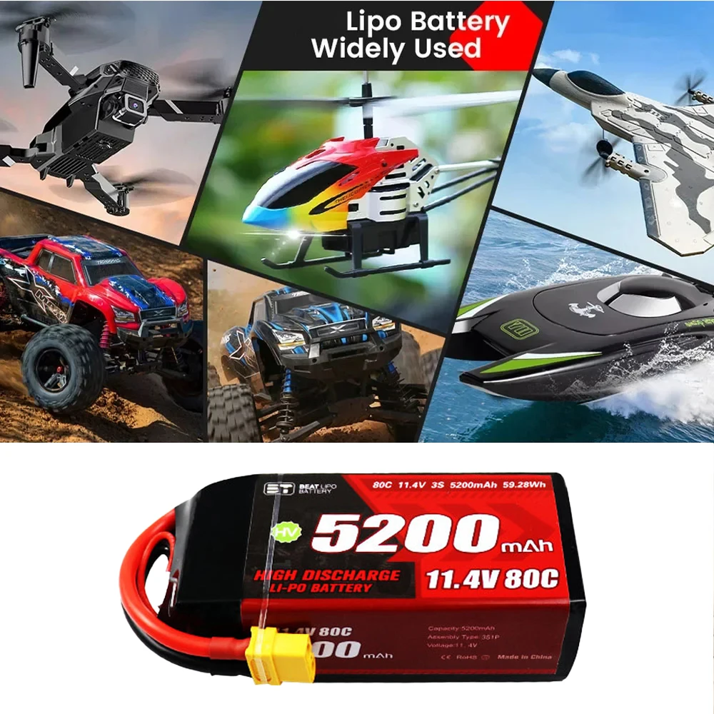 Connecteurs XT60 et fils de décharge de la Batterie LiPo 3S 5200mAh 11.4V 80C Shorty Pack