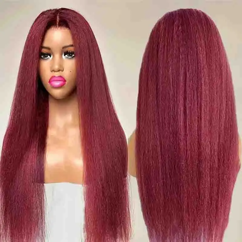 Burgundy Yaki Straight Wig Pre Plucked With Baby Hair 13x4 Lace Front Wigs Human Hair 99J Color Kinky Straight Human Wig