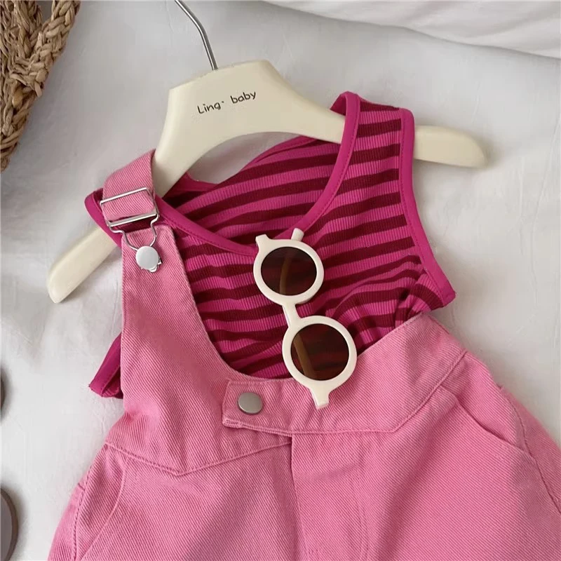 Cute Girls Summer Clothes Set Stripe Tank Top Overall