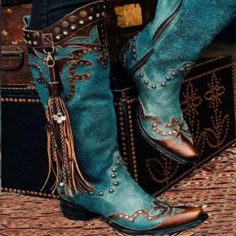 

Women's knee high boots retro PU leather mid-heel ankle boots with rivet tassel boots