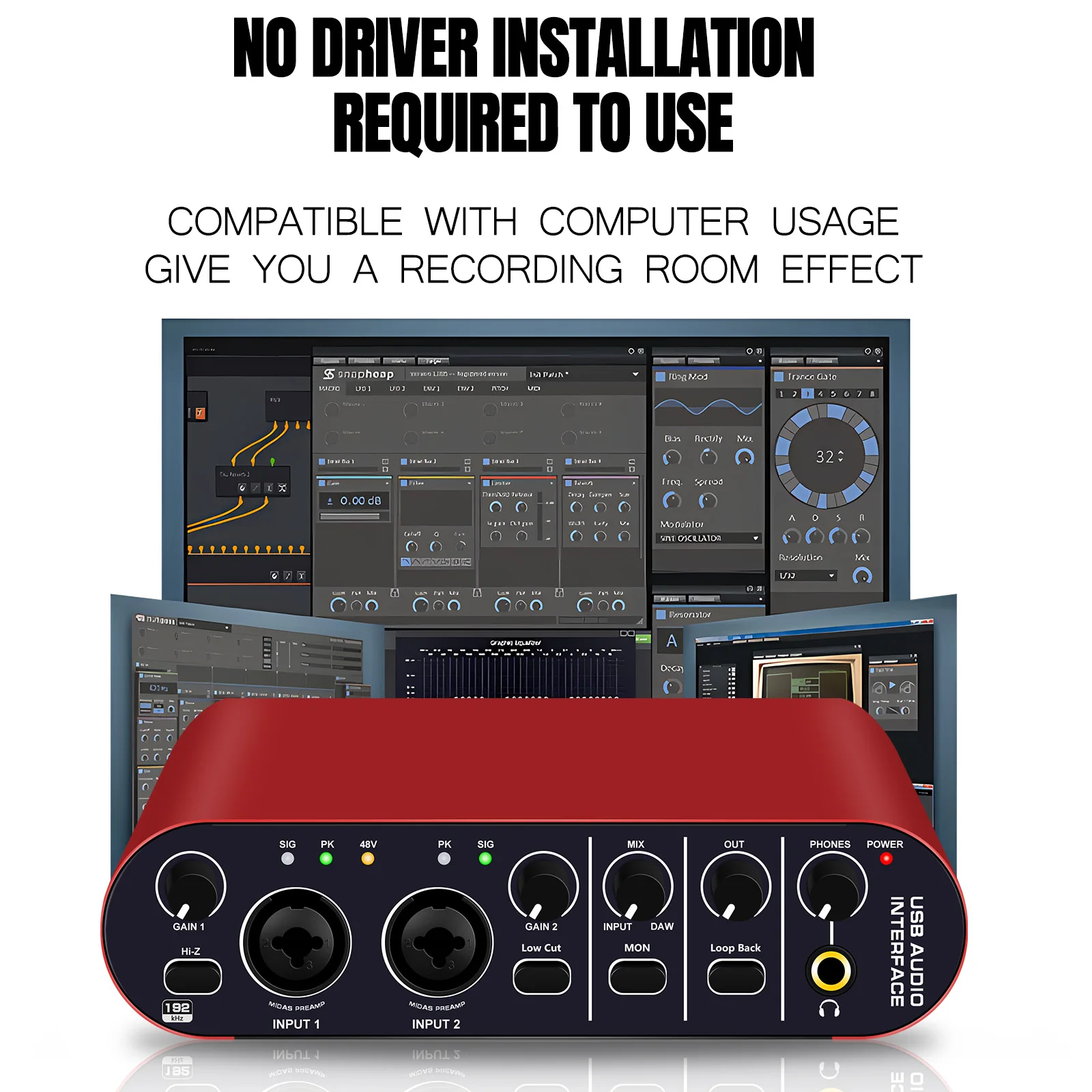 Audio interface 24bit/192 kHz + 48V phantom power supply for recording podcasts and streaming ultra-low latency noise free