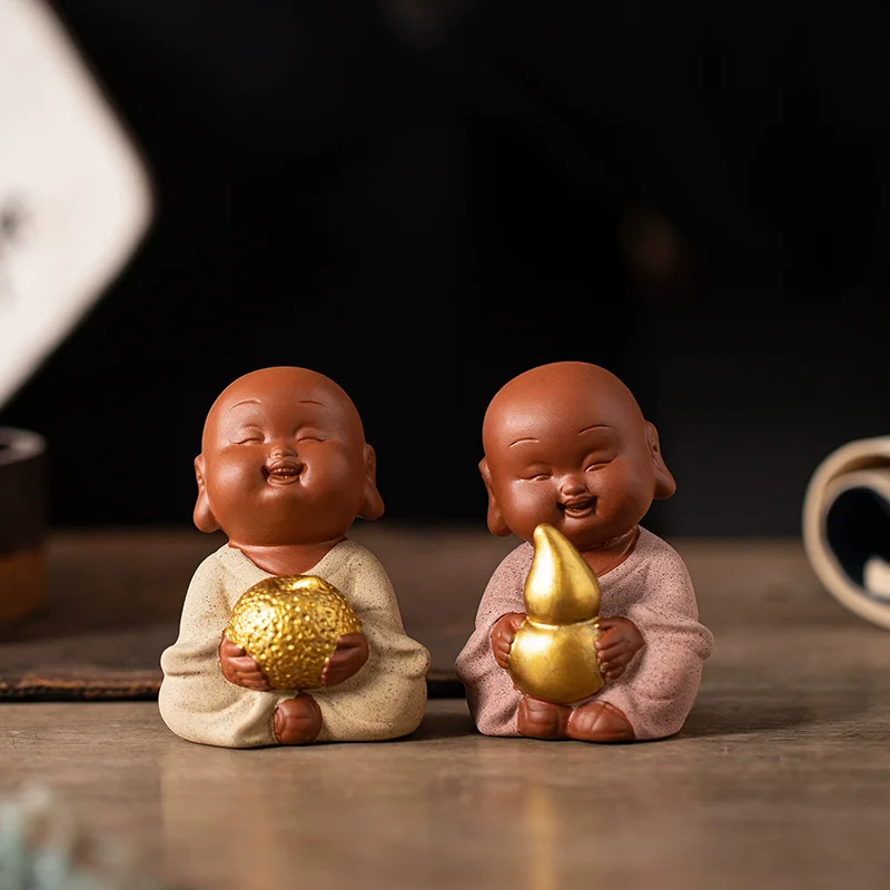 Smiling Lucky Little Monk Figurine, Ceramic Happy Buddha Boy Statue for Home Office Desk, Zen Decor Ornament for Good Fortune