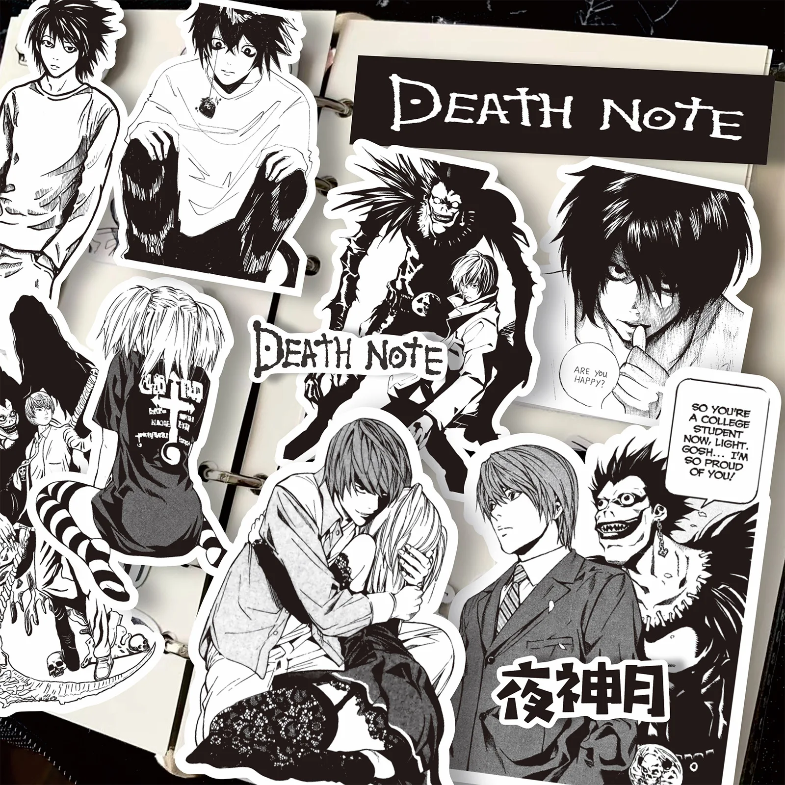 65PCS Anime Death Note Stickers Black White Decals Scrapbook Luggage Laptop Bike Suitcase Car Graffiti Sticker Decoration Toy 2