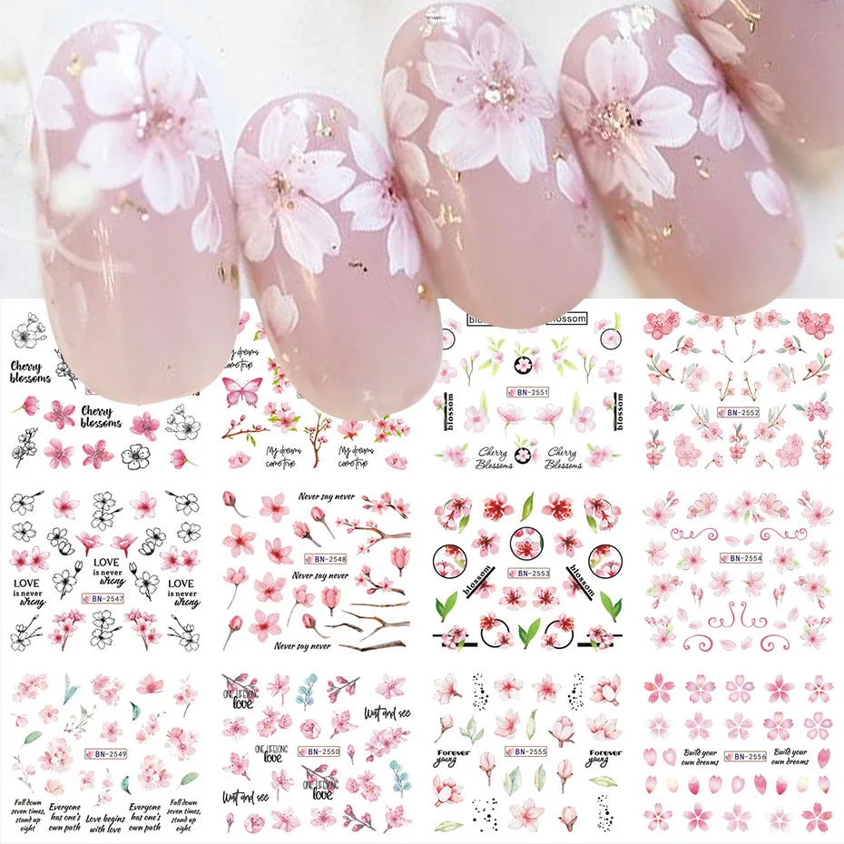 12 디자인 사쿠라 꽃 네일 워터 스티커 핑크 벚꽃 네일 슬라이더 데칼 꽃 잎 DIY 봄 매니큐어 장식
