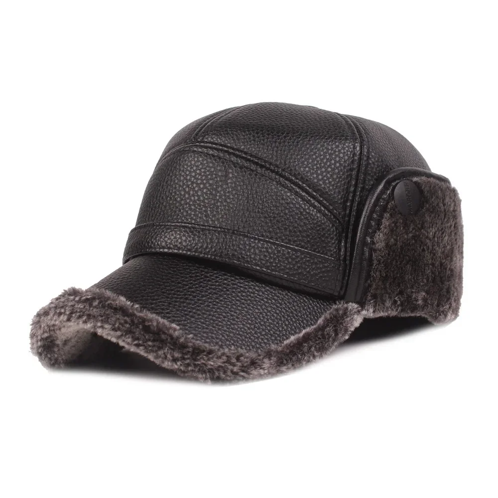Winter Mens Leather Cap winter hat fur hat earflap hat Warm Baseball Cap with Ear Flaps Thick Fur Caps for Winter Bomber Hats