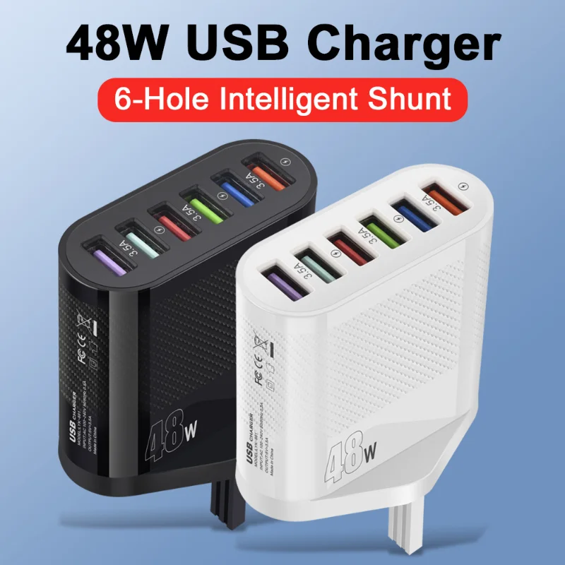 USB A 충전기 다중 6 포트 고속 충전기, 휴대폰 USB 고속 충전, 아이폰 11, 샤오미, 화웨이, 벽 충전기, 48W