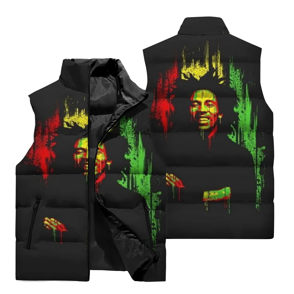 thumbnail image 5 of Chaqueta sin mangas con estampado 3D de Bob Marley Singer para hombre, para deportes al aire libre, estilo hip hop callejero, clásica, con cuello alto y cremallera, 5 of 5