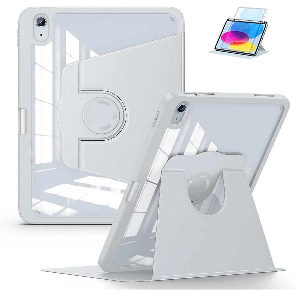 Premium 360° Rotating Clear Acrylic Tablet Case with Pencil Holder & Auto Sleep/Wake Shock-Resistant Feature