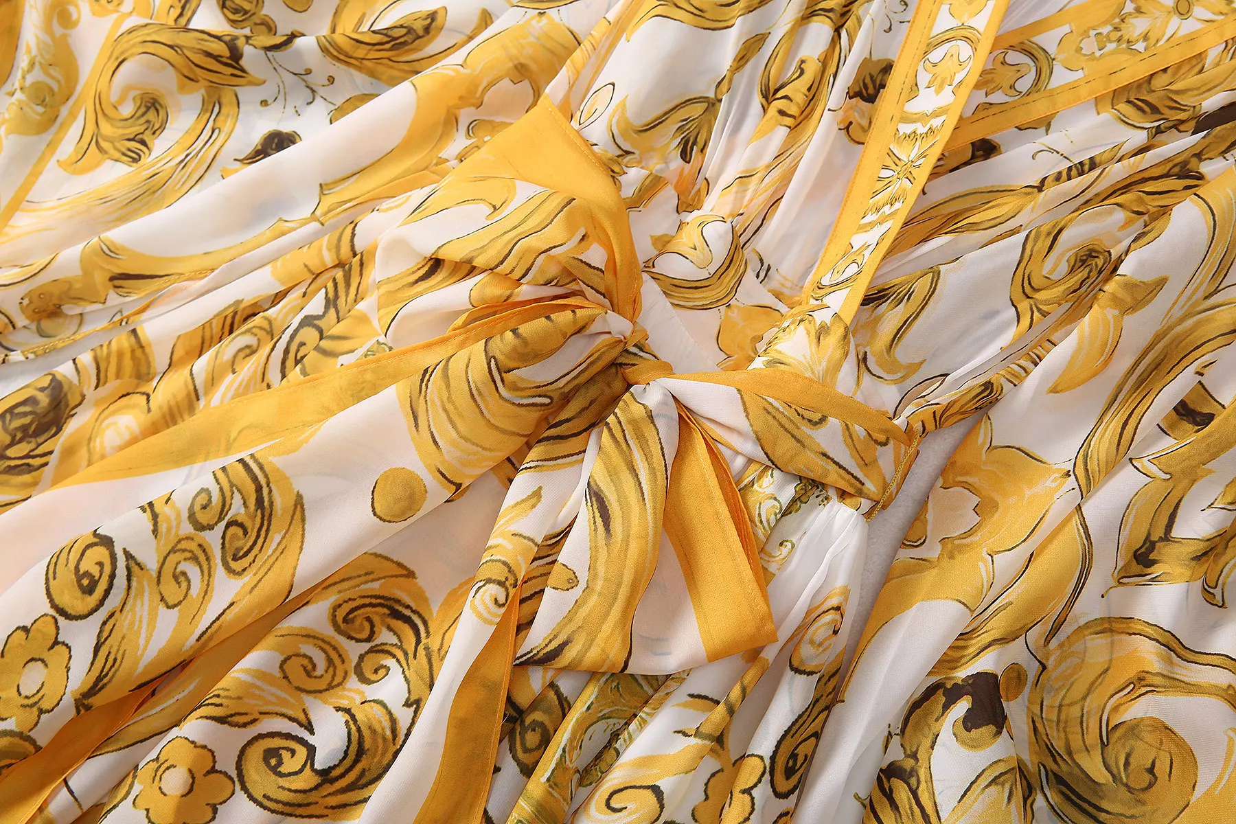 Wein Lady Women's Chiffon Silk Printed Large Swing V-neck Flying Sleeves Yellow Porcelain Dress Cross-border Women's Long Skirt