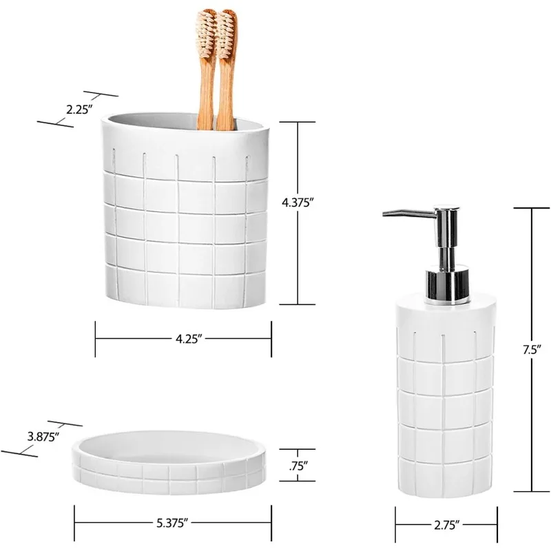 Polar White Bathroom Accessories Set with Trash Can-6 Piece Bathroom Set Features: Waste Basket, Tissue Cover, Soap Dispenser,