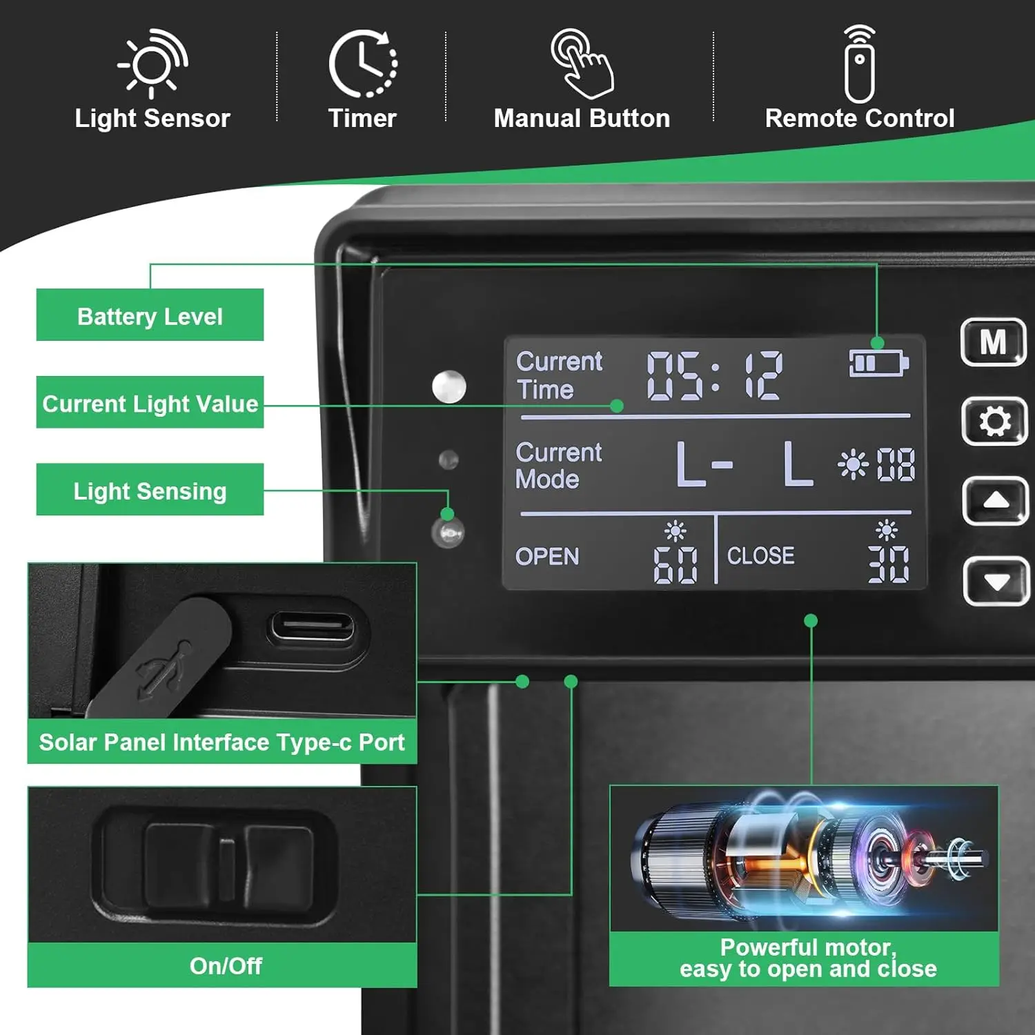 Solar Auto Chicken Coop Door Automatic Chicken Door Solar Powered & USB Charging Chicken Door 4 Modes with Timer & Light Senso