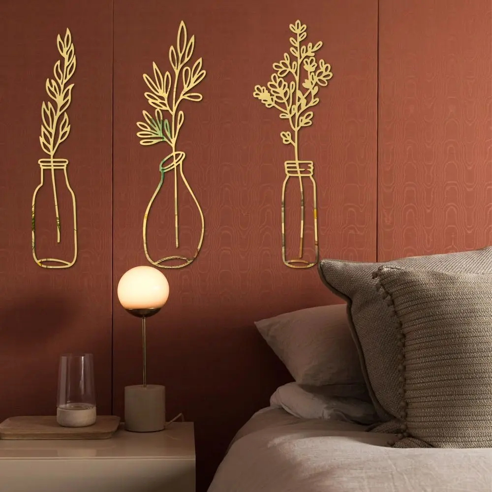 3PCS/Set 3D Flower Vase Wall Stickers Acrylic Self-adhesive Mirror Surface Decals Potting Plant Home Decor Living Room Ornament