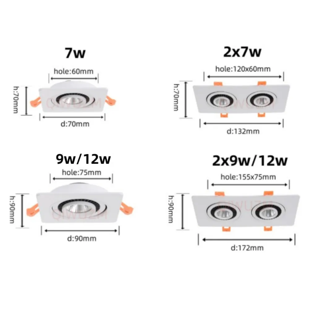 Quadrate Recessed LED Downlight 360&deg; Rotation 7W9W12W/ 14W 18W 24W COB SpotLight Dimmable Ceiling Lamp AC85-265V Indoor Lighting
