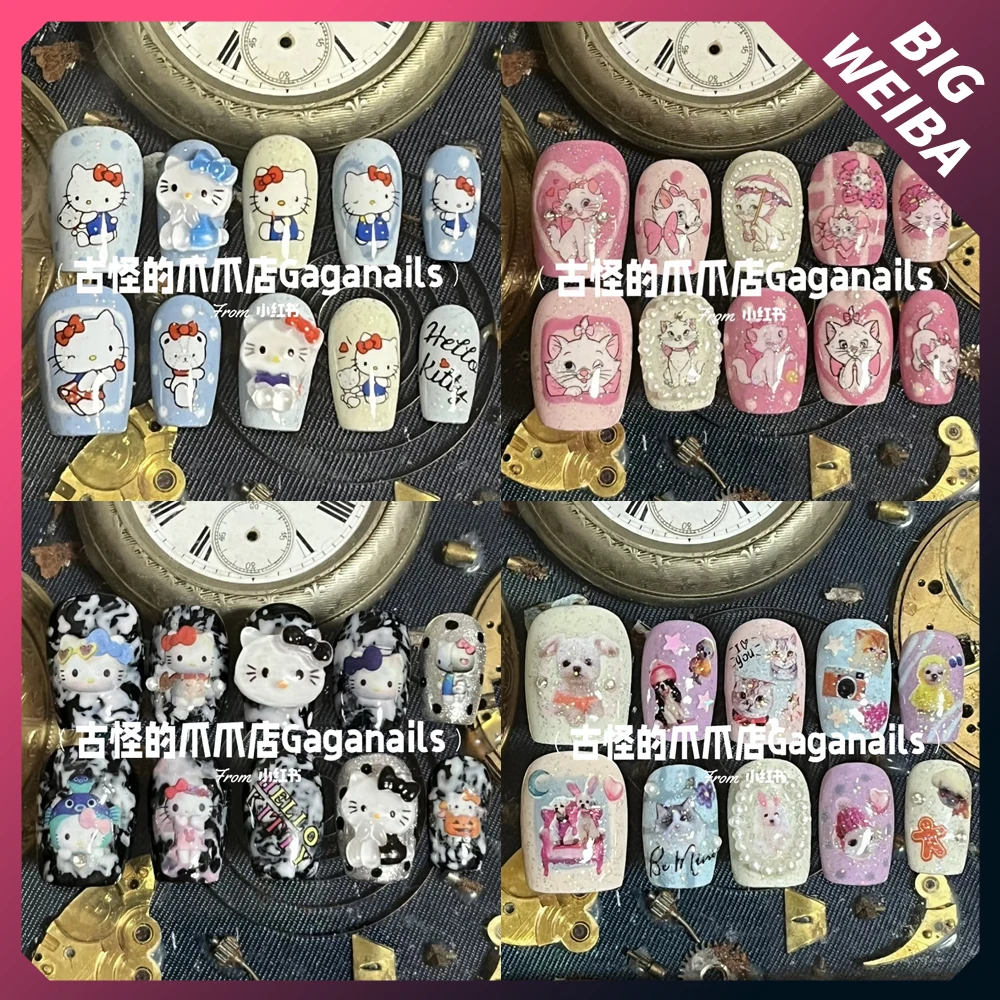 

Cute Cartoon Y2K Hello Kitty Handmade Sweet Cool Short Square Detachable Reusable Full Cover Press On Nails Tips