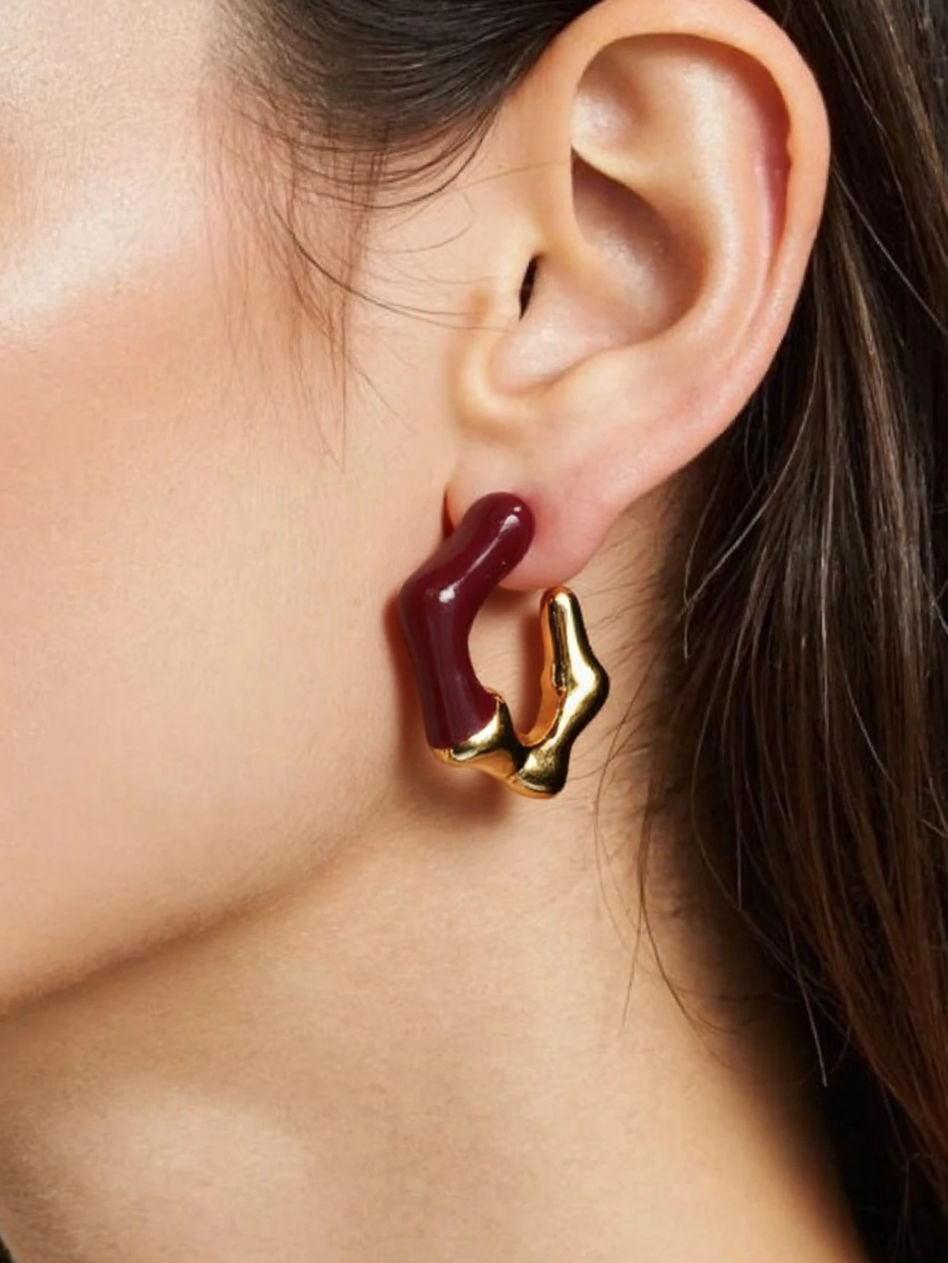 Geometric C-shaped Retro Red Brown Earrings