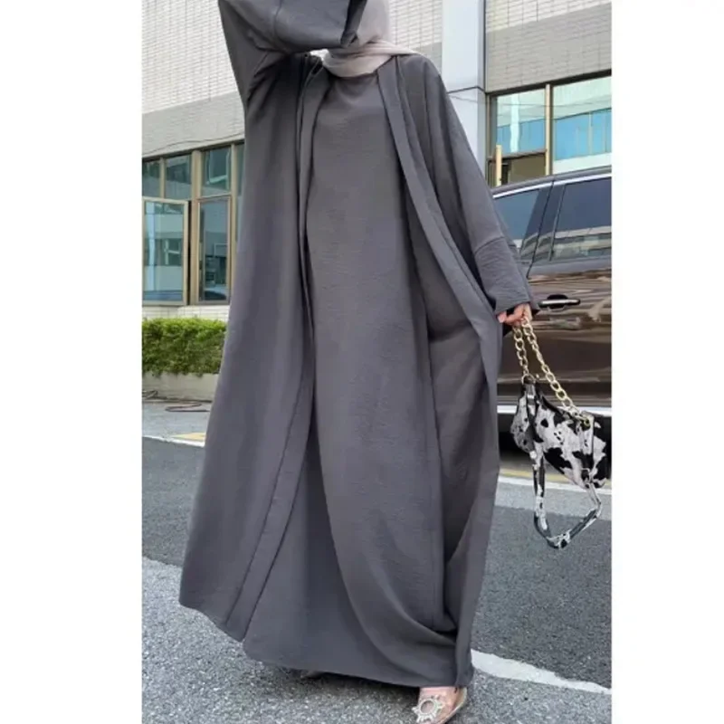 2 Piece Abaya Set Matching Muslim Suit Crepe Open Abayas for Women Dubai Turkey Sleeveless Hijab Dress African Islamic Clothing