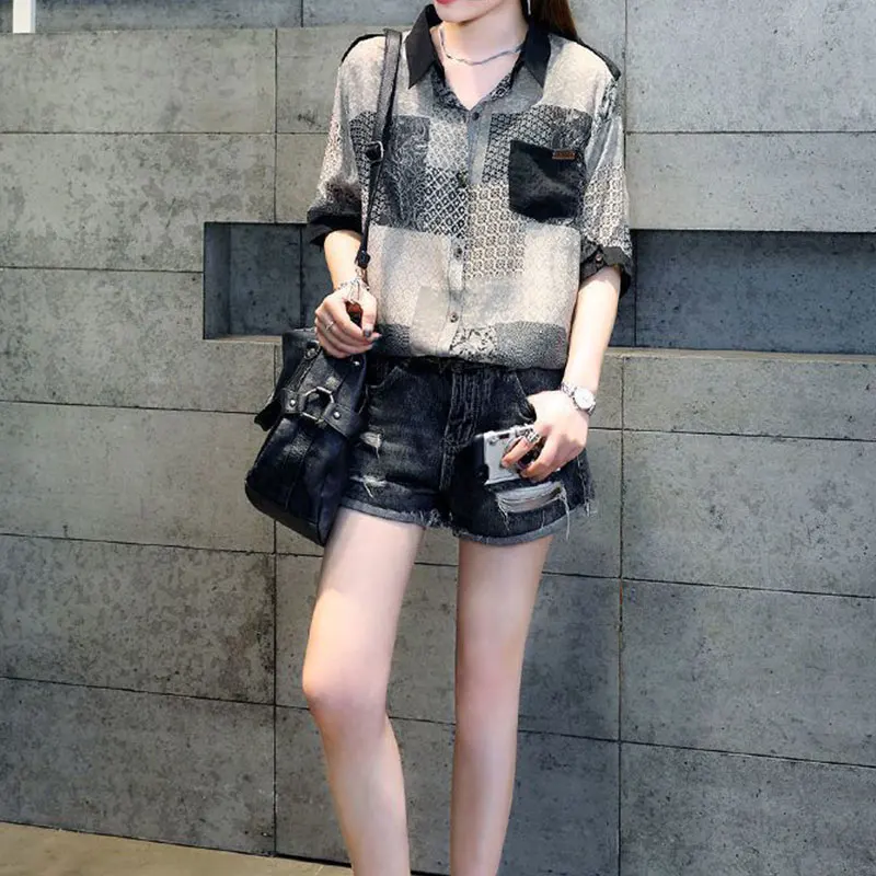 Elegant Fashion Harajuku Slim Fit Female Clothes Casual All Match Shirt Printed Pockets Button POLO Collar Short Sleeve Blusa