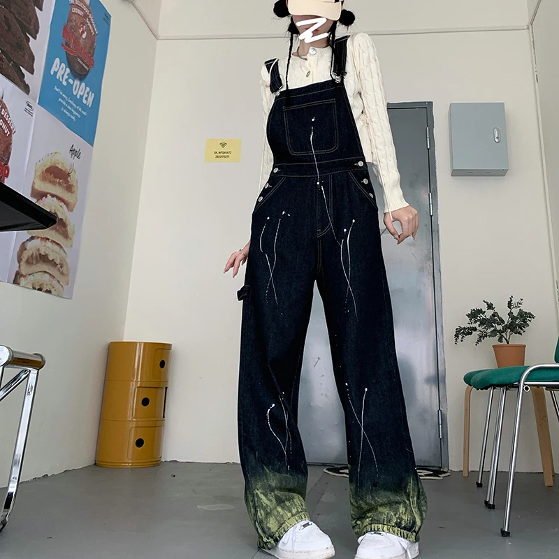Streetwear Vintage Washed Denim Jumpsuits Women Spring Autumn Loose Straight One Piece Outfits Wide Leg Pants Femme