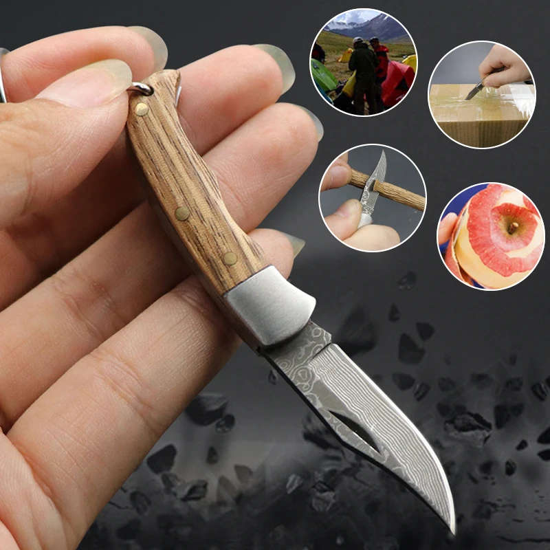 Damascus Knife Wooden Handle Folding Knife Outdoor Camping Portable Portable Mini Key Buckle Multi-functional Emergency Rescue