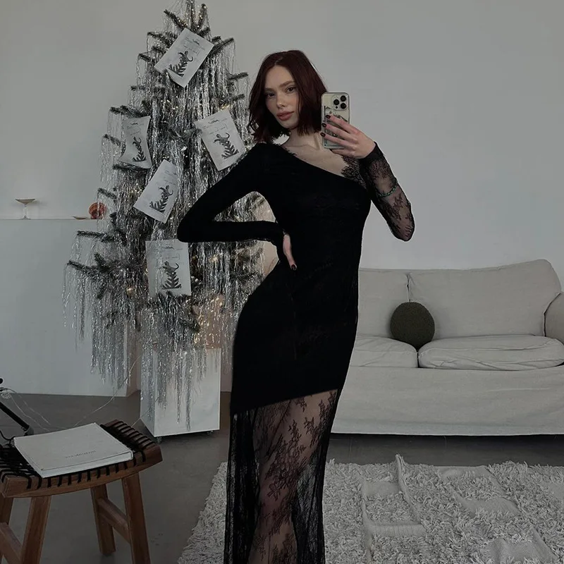 Printed See-Through Black Maxi Dress Women High Waist Lace Slim Mesh Patchwork Sexy Long Dress Party Looks Female Dress