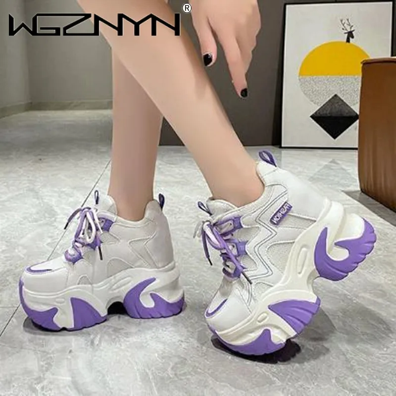 

High Platform Sneakers For Women Chunky Leather Shoes Fashion Walking Trainers 11CM Casual Shoes Woman Lace-up Vulcanized Shoes