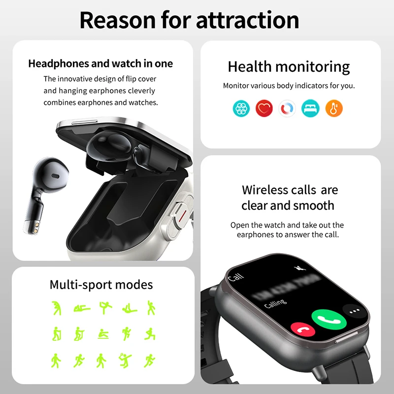New Smart Watch Headset TWS 2-in-1 Earphones Bluetooth Call NFC Heart Rate Blood Pressure Health Monitoring Earphones Play Music