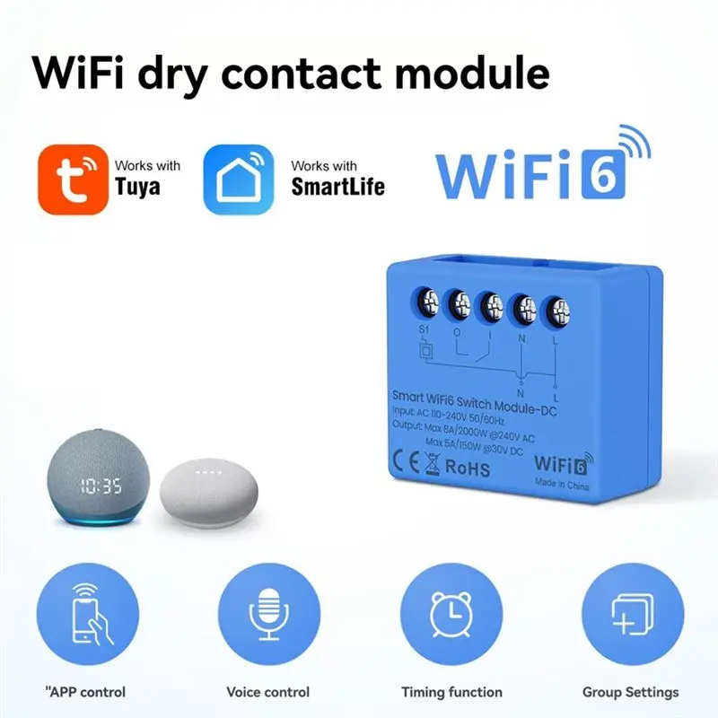 A41Z-Wifi 6 스마트 스위치 스마트 홈 DIY 차단기 릴레이(건식 접점 포함) DC/AC 중성/라이브 접점 릴레이 기능 제어