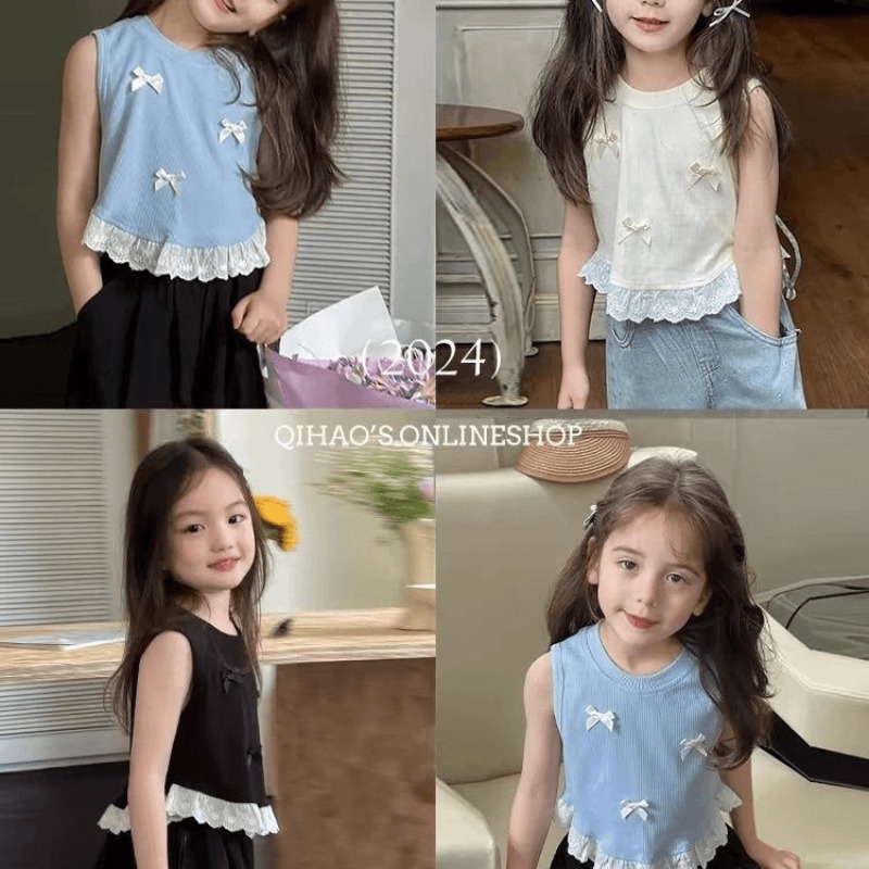 Girls Bow Short Vest Summer New Children's Sweet Splicing Lace Sleeveless T-shirt Top Trendy