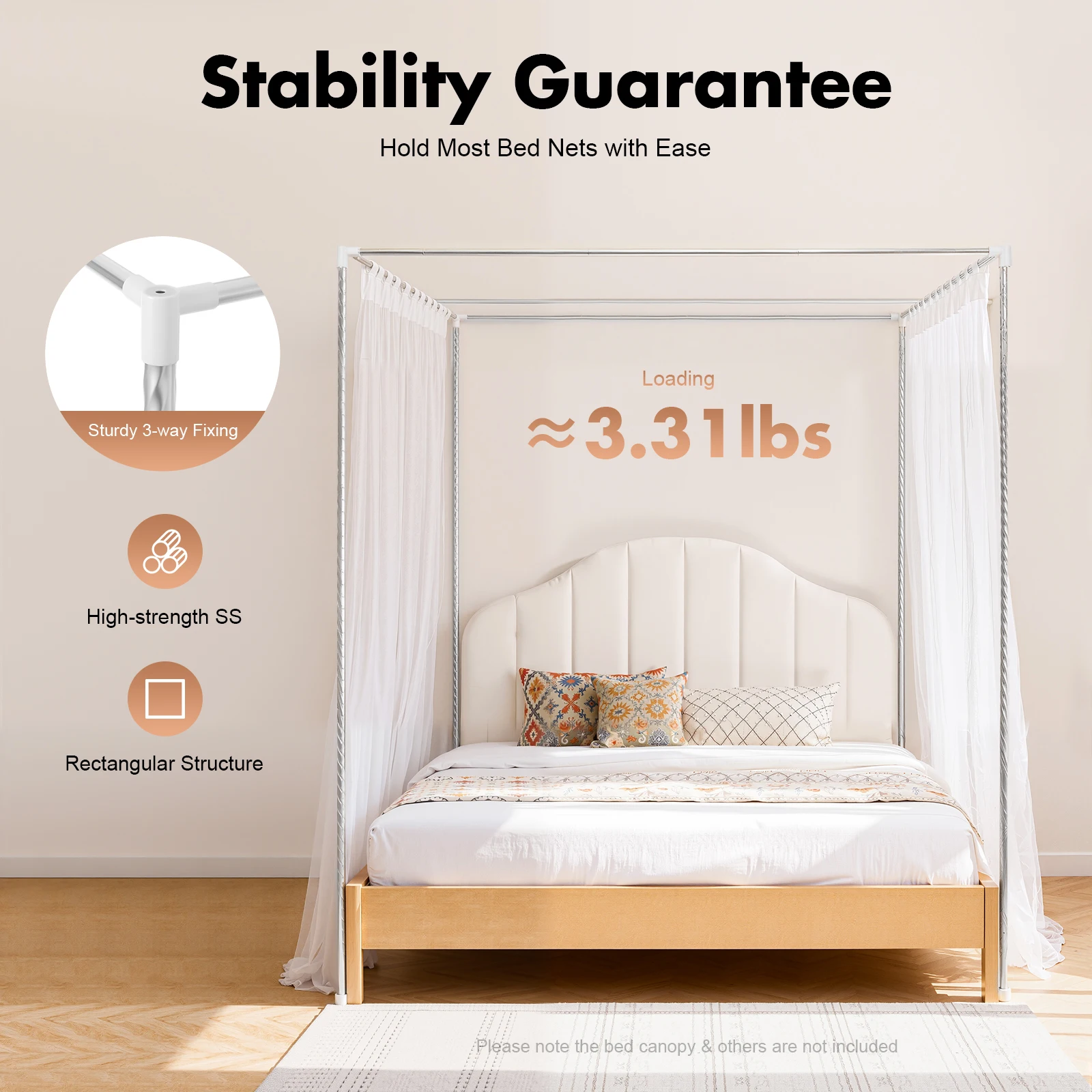 1.5m/2m Stainless Steel Mosquito Net Adjustable Canopy Bed Frame Modern Rectangular Bracket Silver for Queen/King Size Bed