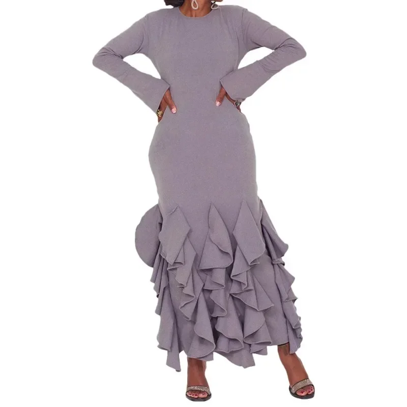 

African Dresses for Women Elegant 2024 Spring Long Sleeve O-neck Gray Polyester Long Maxi Dress Dashiki African Clothing S-3XL