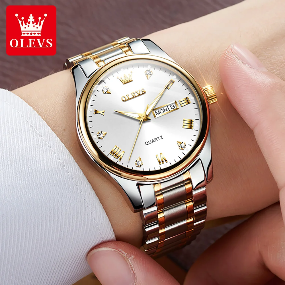 OLEVS 5563 Men's Watch Stainless Steel Fashion Quartz Man Wristwatch Dual Calendar Roman Scale Original Watch For Men Waterproof